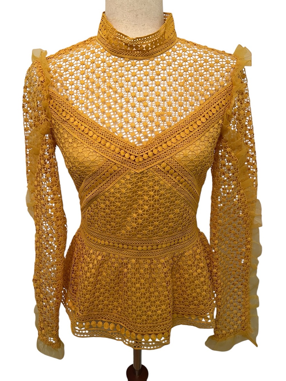 INA Crochet Lace Peplum Blouse Yellow Sz Small Mock Neck Ruffle Sleeve Boho